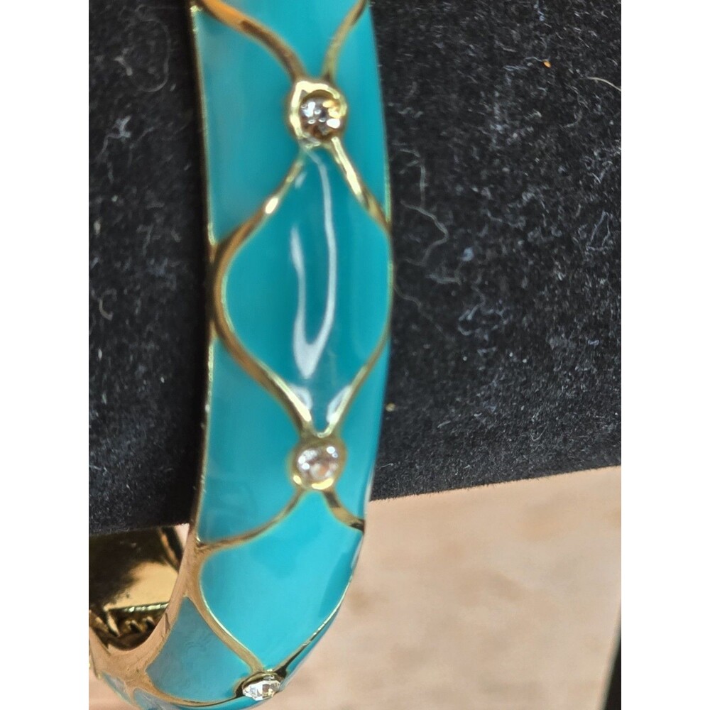 Vintage Turquoise Enamel Clamper Bracelet Gold Tone Rhinestone Jewelry #259 - Picture 4 of 12